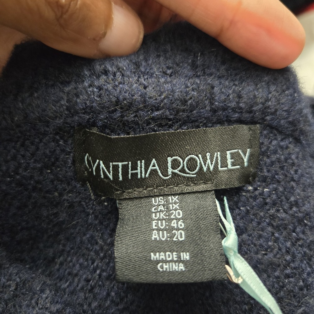 Cynthia Rowley Flocked Heart Sweater Womens 1X Navy Whimsical Novelty Soft - Picture 5 of 7
